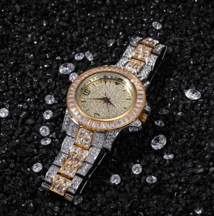 Mens bling-ed out 18k gold watch with crystal diamonds japan quartz movement waterproof 40mm