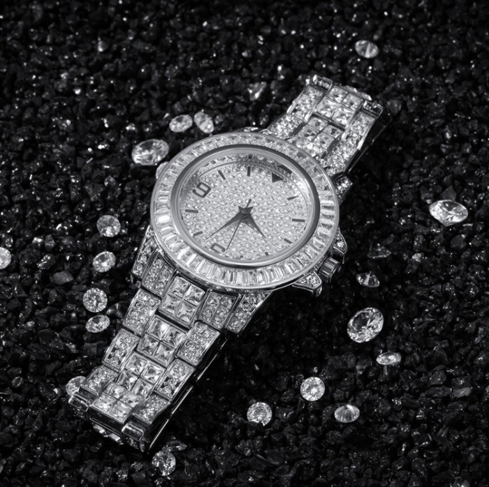 Mens bling-ed out 18k gold watch with crystal diamonds japan quartz movement waterproof 40mm