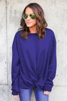 Blue Knot Twist Front Long Sleeve Casual Pullover Sweatshirt