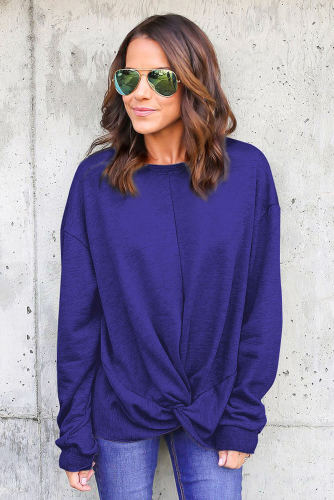 Blue Knot Twist Front Long Sleeve Casual Pullover Sweatshirt