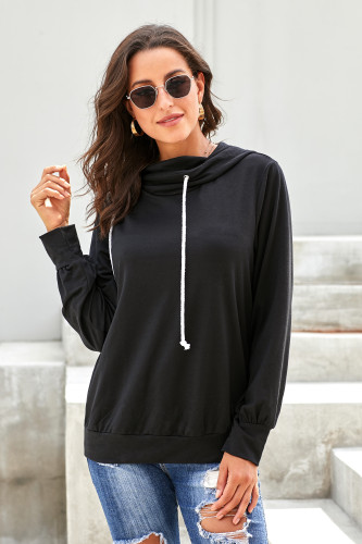 Black Long Sleeve Hoodie with Rope Drawstring