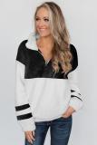 Black Colorblock Furry Zipped Pullover Sweatshirt Outwear