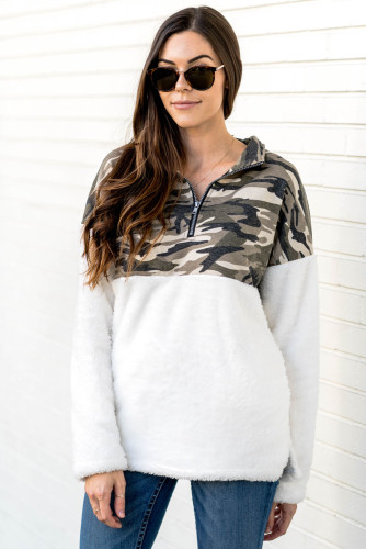 Green Fuzzy Pullover with Camo Detail