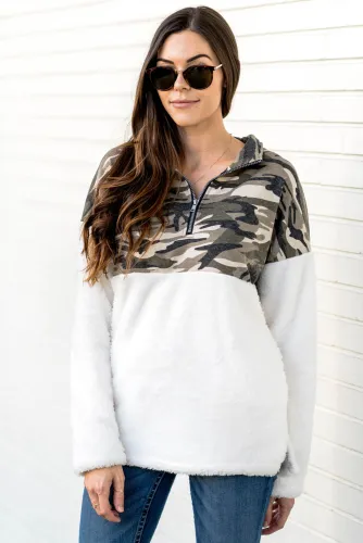 Green Fuzzy Pullover with Camo Detail