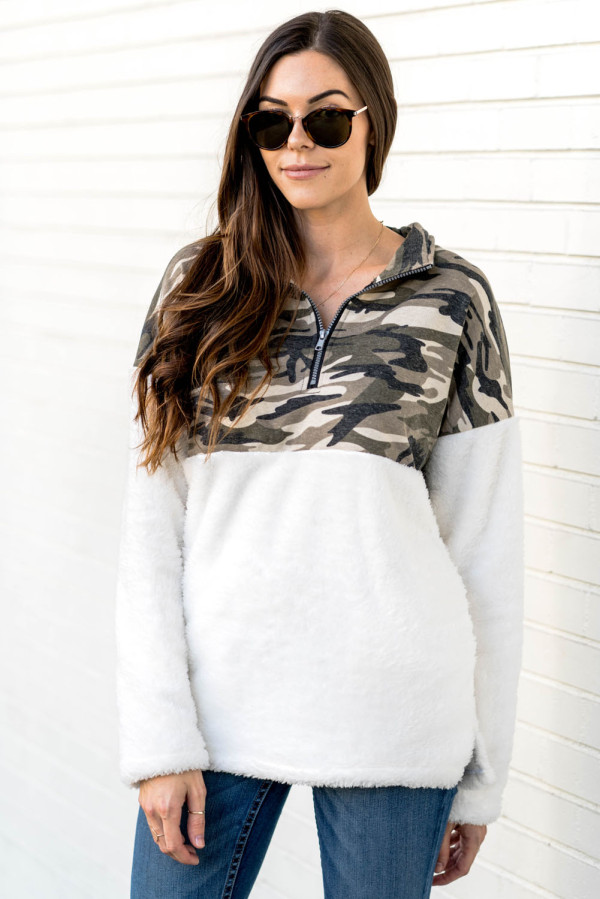 Green Fuzzy Pullover with Camo Detail