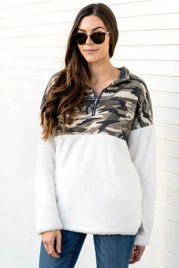 Green Fuzzy Pullover with Camo Detail