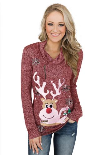 Christmas Reindeer Snow Print Zipped Pullover Top