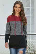 Red Color Block Long Sleeve Pullover Knit Hoodie