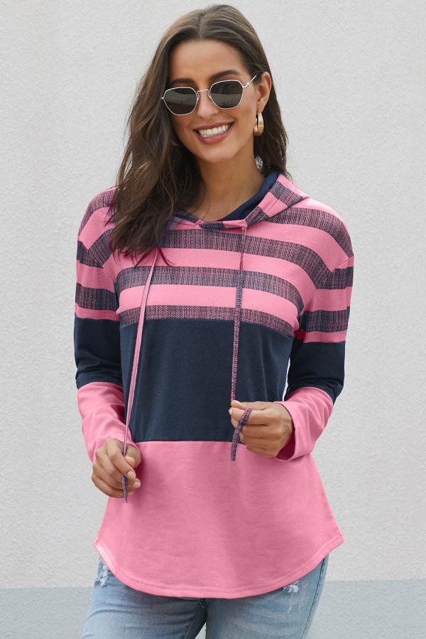 Rose Pink Speak to Me Color Block Drawstring Hoodie