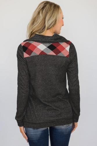 Gray Touch of Plaid Pullover Button Sweatshirt