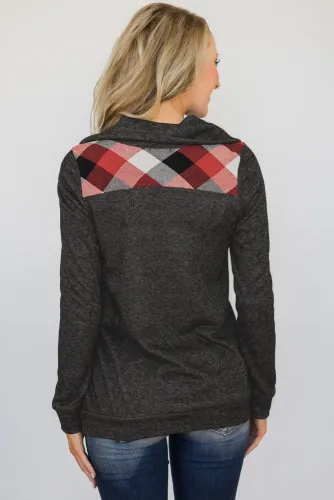 Gray Touch of Plaid Pullover Button Sweatshirt