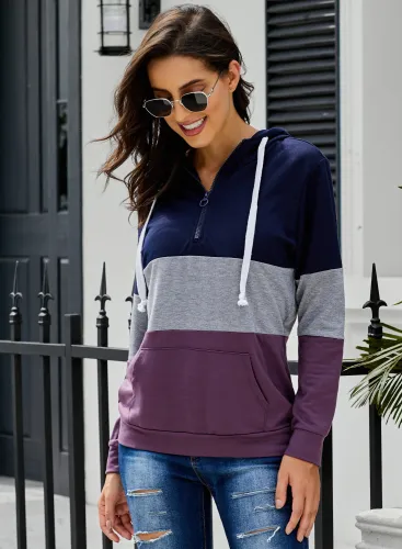 Purple Color Block Zipped Neck Hoodie