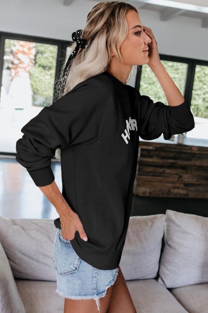 Black Letter Print Long Sleeve Pullover Casual Sweatshirt
