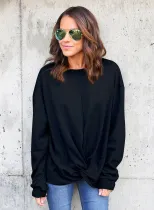 Black Knot Twist Front Long Sleeve Casual Pullover Sweatshirt