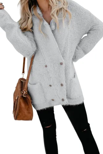 Gray Warm Fuzzy Double Breasted Pocketed Cardigan