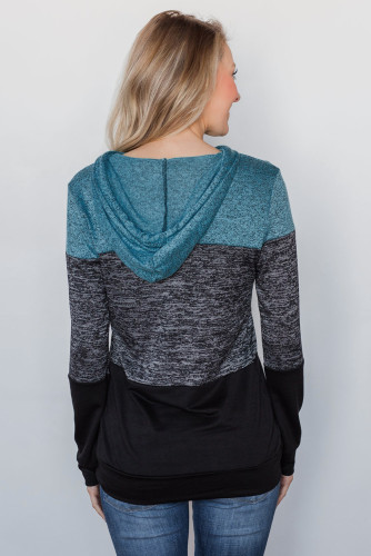 Sky Blue Color Block Long Sleeve Pullover Knit Hoodie