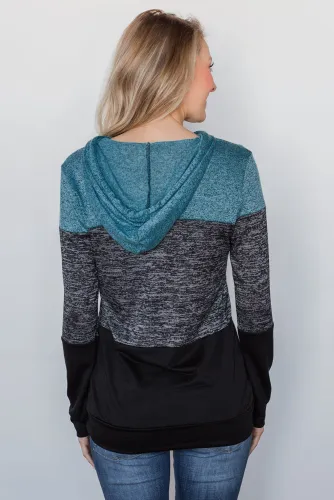 Sky Blue Color Block Long Sleeve Pullover Knit Hoodie