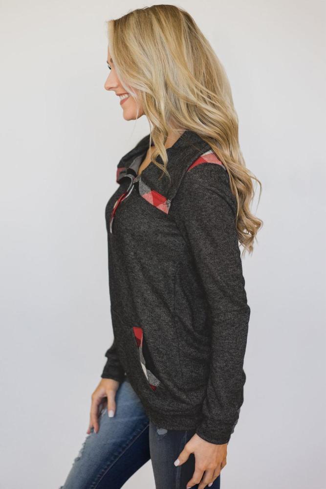 Gray Touch of Plaid Pullover Button Sweatshirt