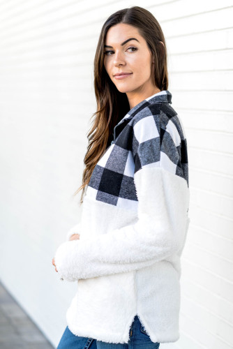 Black Fuzzy Pullover with Plaid Detail
