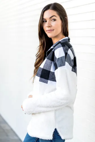 Black Fuzzy Pullover with Plaid Detail