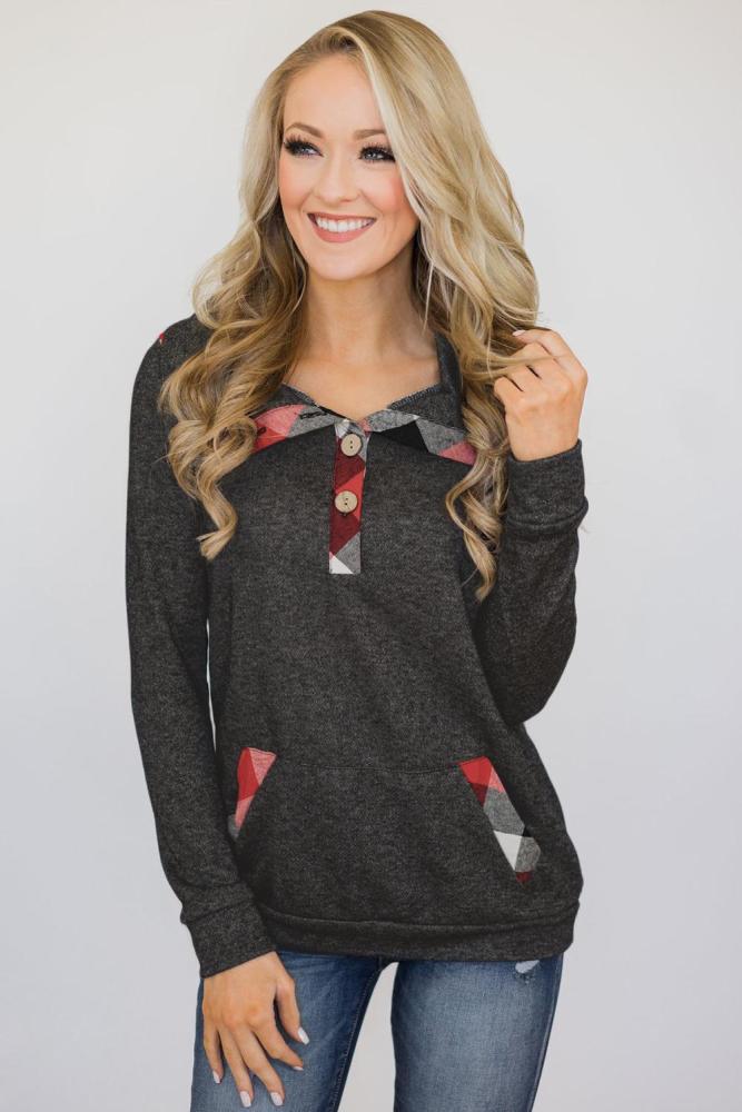 Gray Touch of Plaid Pullover Button Sweatshirt