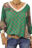 Green Vintage Print V Neck Sweatshirt