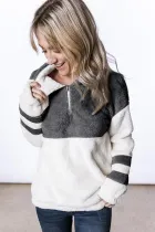 Gray Colorblock Furry Zipped Pullover Sweatshirt Outwear