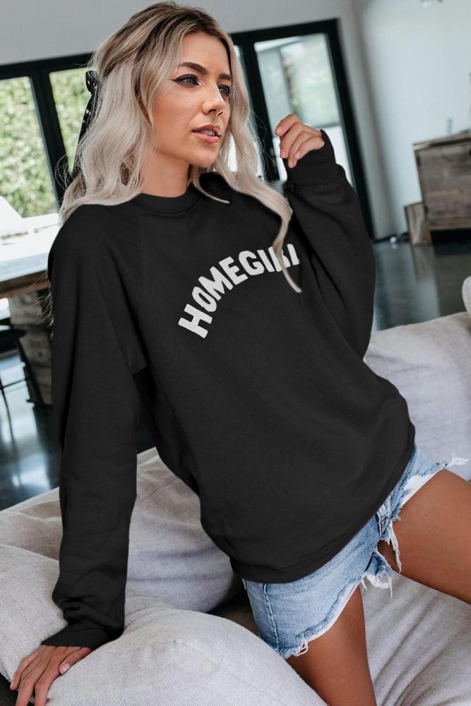 Black Letter Print Long Sleeve Pullover Casual Sweatshirt
