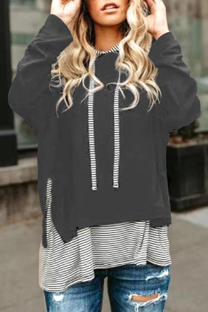 Gray Striped Stitching Long Sleeve Hoodie