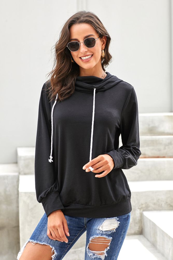 Black Long Sleeve Hoodie with Rope Drawstring