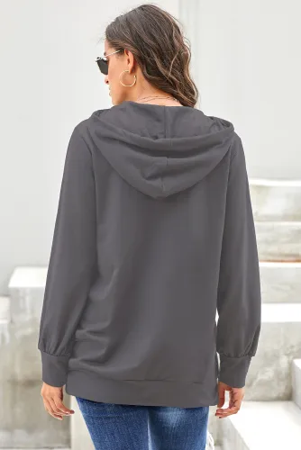 Gray Long Sleeve Hoodie with Rope Drawstring