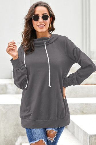 Gray Long Sleeve Hoodie with Rope Drawstring