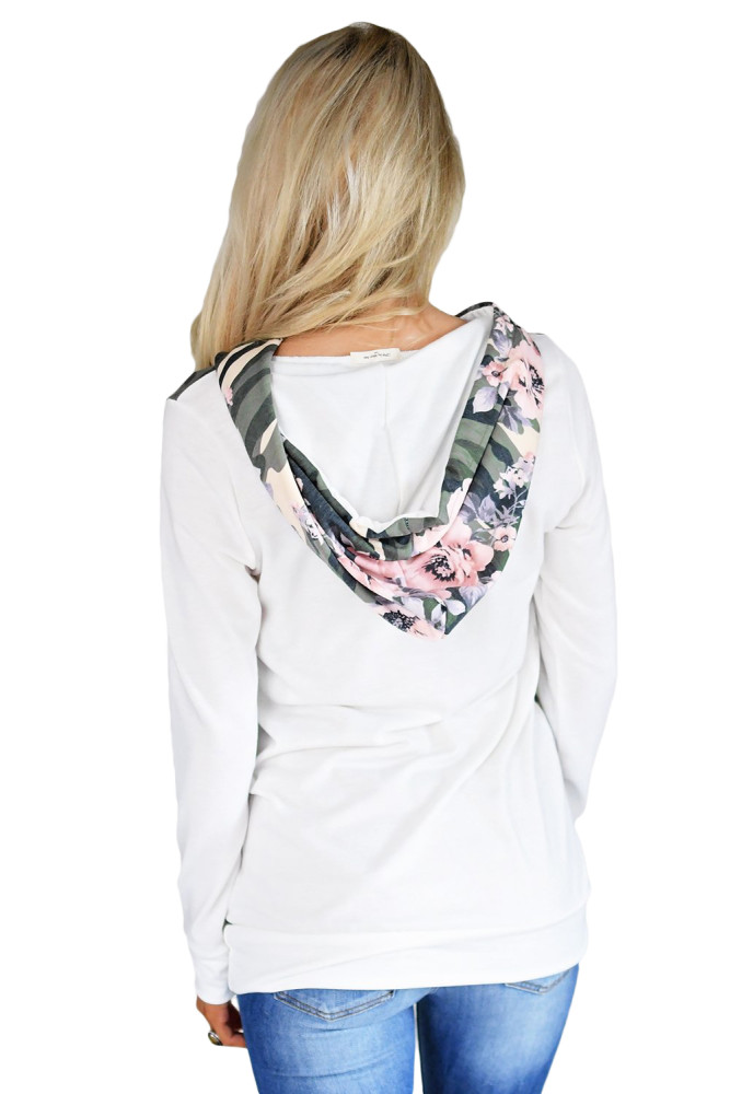 White Kangroo Pocket Floral Hoodie
