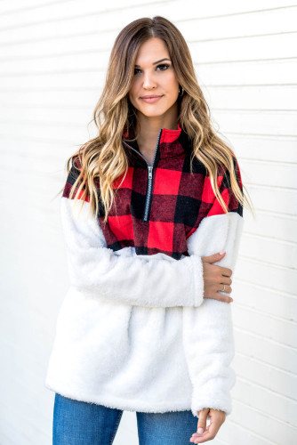 Red Fuzzy Pullover with Plaid Detail