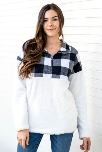 Black Fuzzy Pullover with Plaid Detail