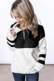 Black Colorblock Furry Zipped Pullover Sweatshirt Outwear