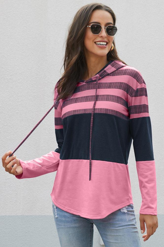 Rose Pink Speak to Me Color Block Drawstring Hoodie