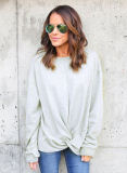 Gray Knot Twist Front Long Sleeve Casual Pullover Sweatshirt