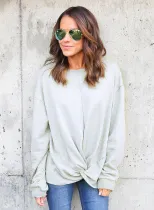 Gray Knot Twist Front Long Sleeve Casual Pullover Sweatshirt