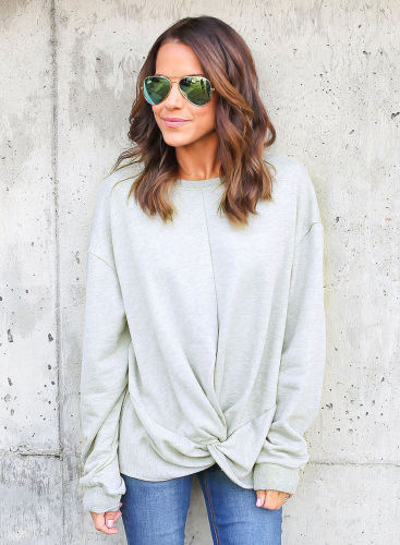 Gray Knot Twist Front Long Sleeve Casual Pullover Sweatshirt
