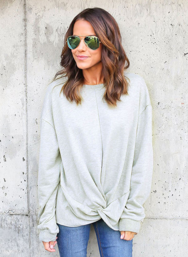Gray Knot Twist Front Long Sleeve Casual Pullover Sweatshirt