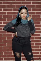 Sky Blue Color Block Long Sleeve Pullover Knit Hoodie