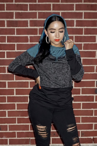 Sky Blue Color Block Long Sleeve Pullover Knit Hoodie