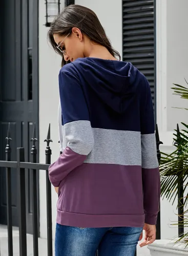 Purple Color Block Zipped Neck Hoodie