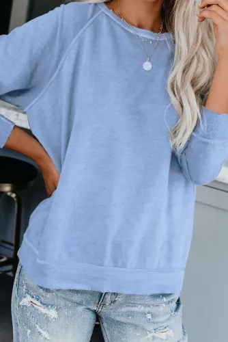 Sky Blue French Terry Cotton Blend Pullover Sweatshirt