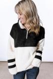Black Colorblock Furry Zipped Pullover Sweatshirt Outwear