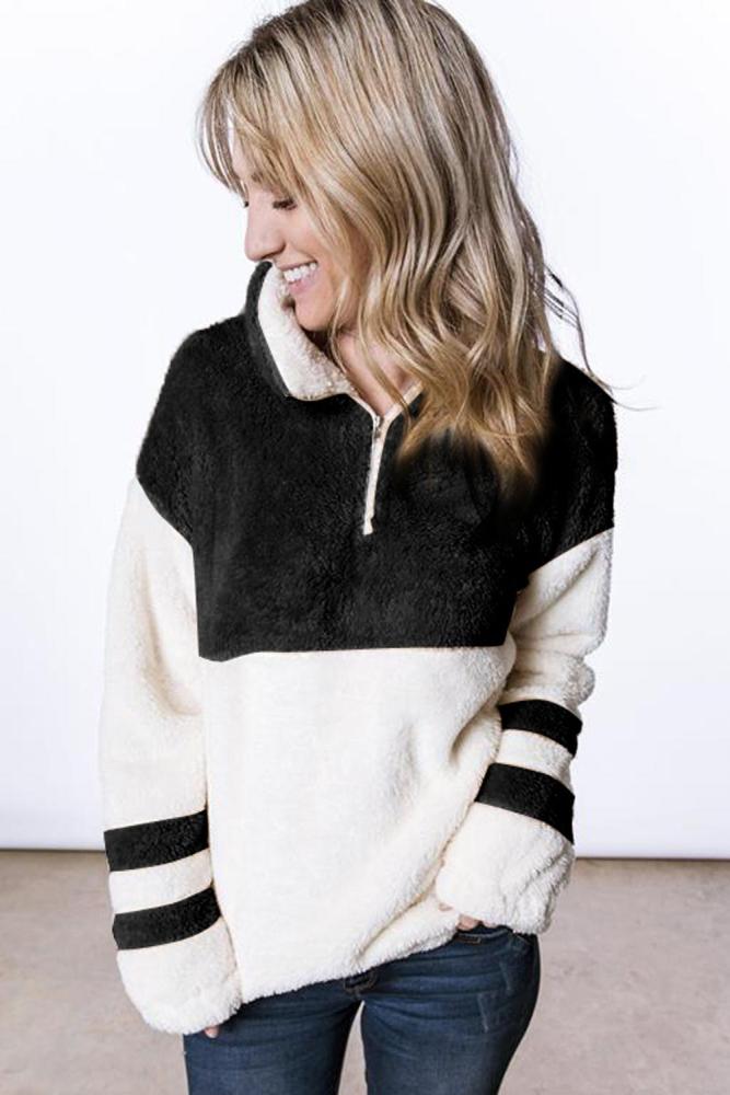 Black Colorblock Furry Zipped Pullover Sweatshirt Outwear