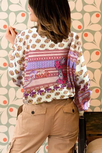 单站颜色 duo White Vintage Print V Neck Sweatshirt