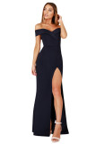 Navy Blue Off Shoulder Sweetheart Neck Side Slit Evening Dress
