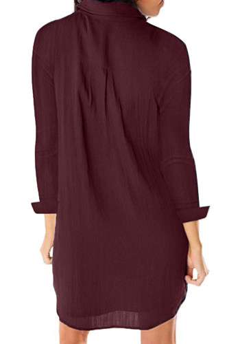 Burgundy Long Sleeve Buttoned Crepe Shirt Dress